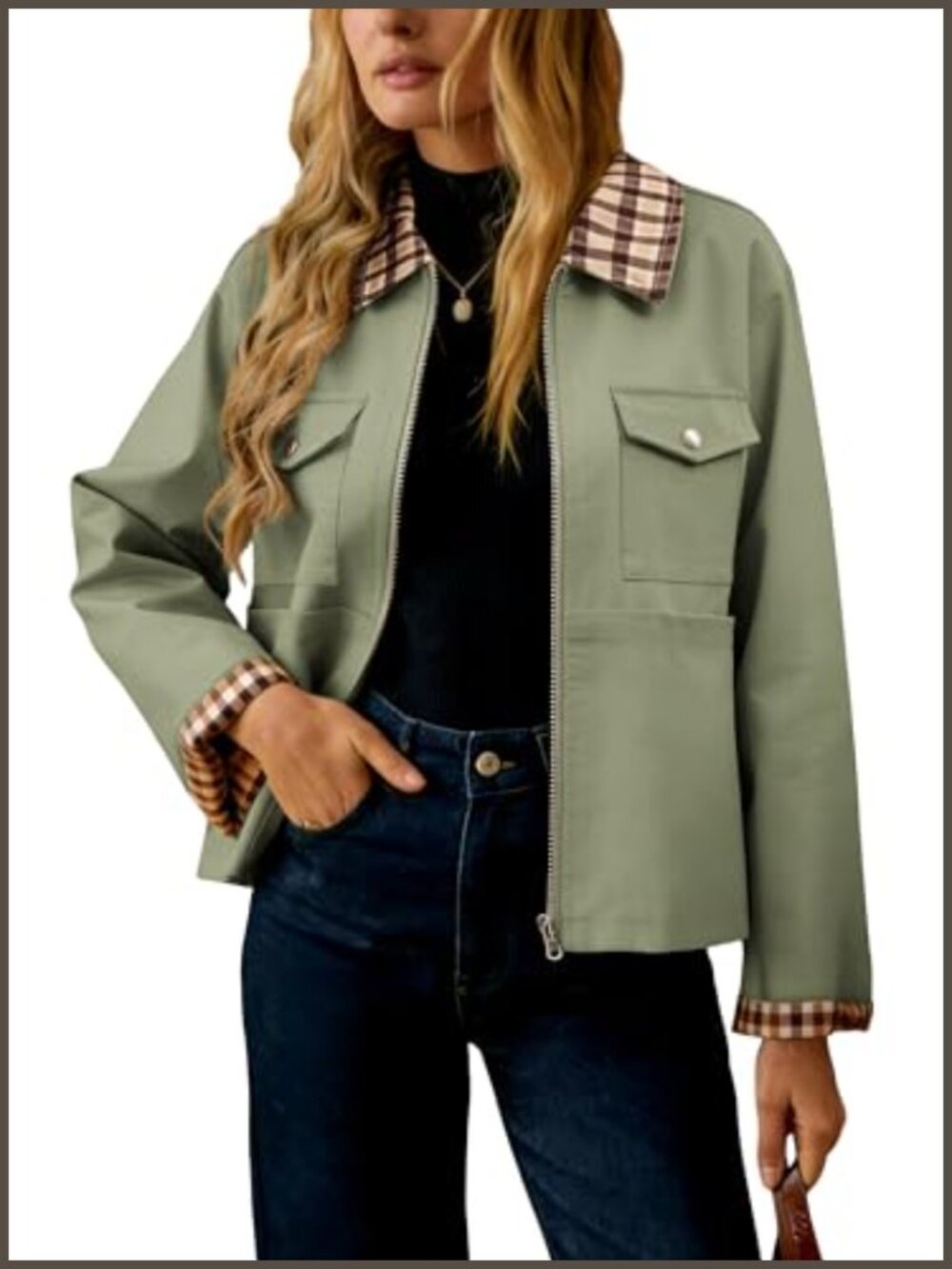 Lightweight Plaid Lined Zip Up Casual Jacket with Pockets